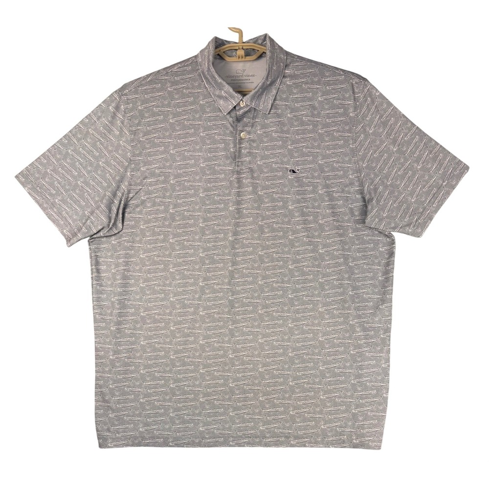 Vineyard Vines Performance Polo Mens XL Grey Fish Print Short Sleeve 1G011027